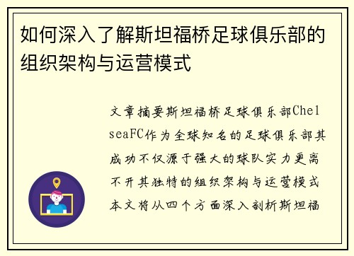 如何深入了解斯坦福桥足球俱乐部的组织架构与运营模式